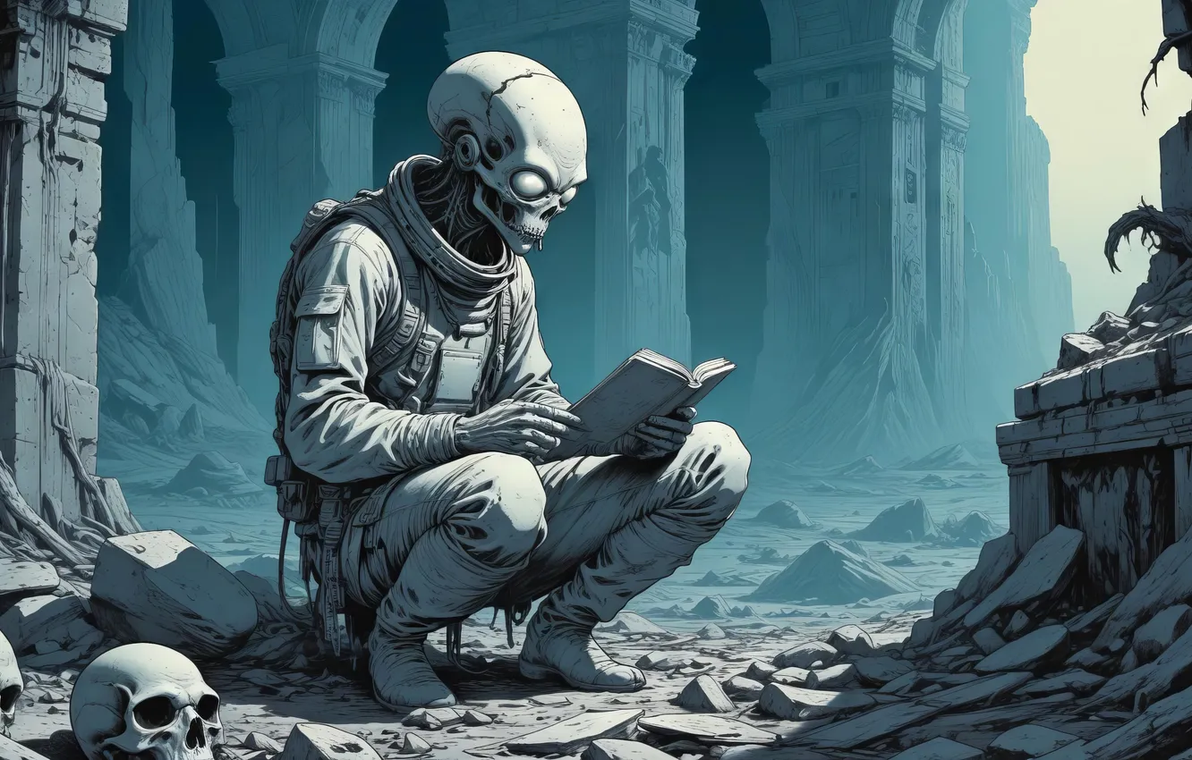 Photo wallpaper the city, pose, skull, costume, alien, book