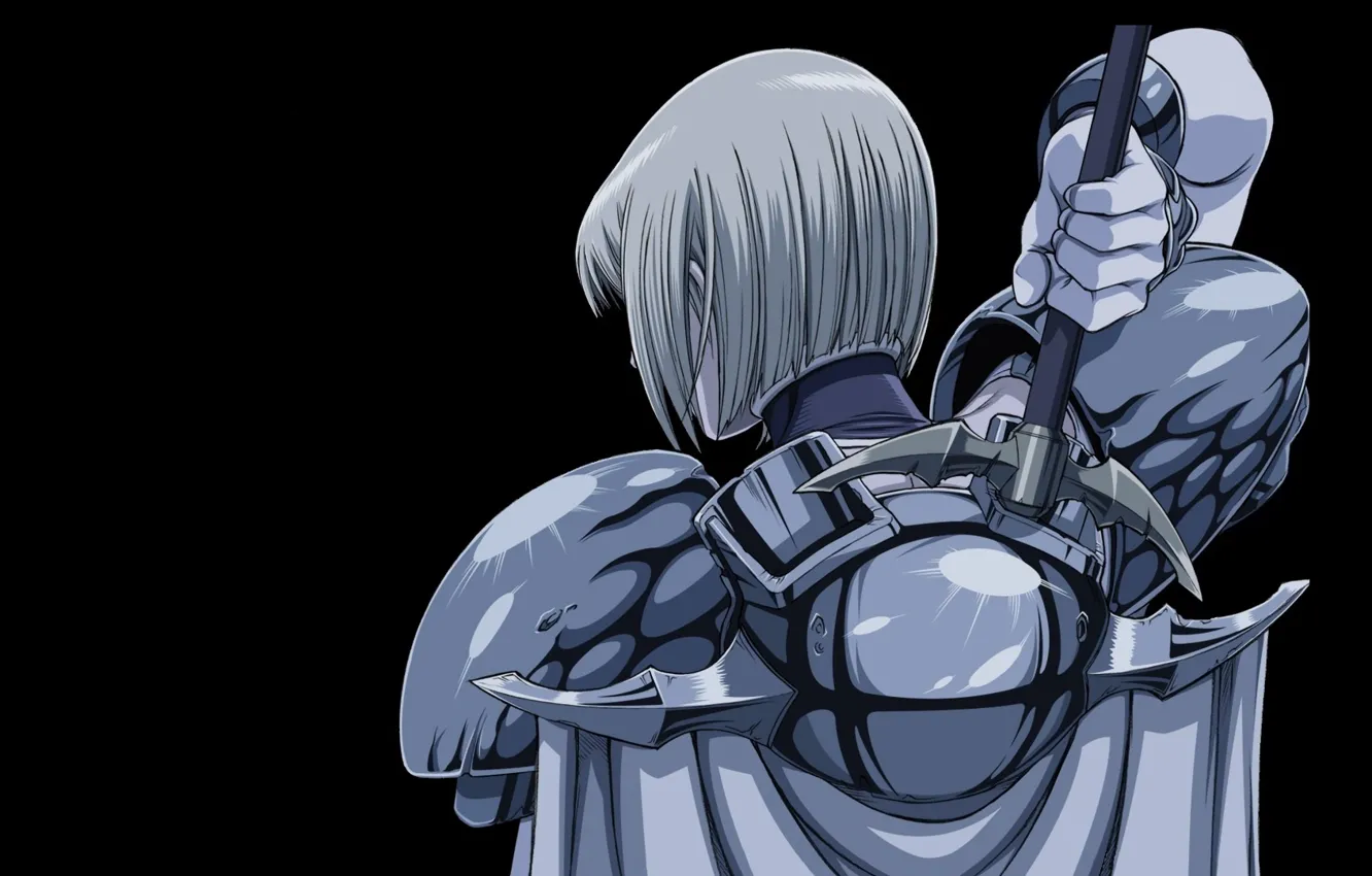 Photo wallpaper sword, black background, cloak, Claymore, arm, the back of the head, Clare, from the back