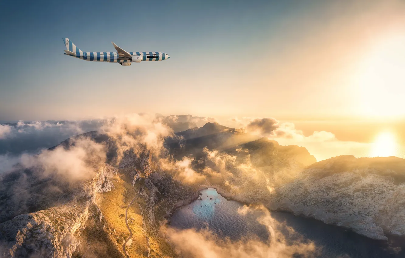 Photo wallpaper Clouds, Mountains, Flight, Jet, A passenger plane, Condor Airlines, New Engine Optio, Wide - body …