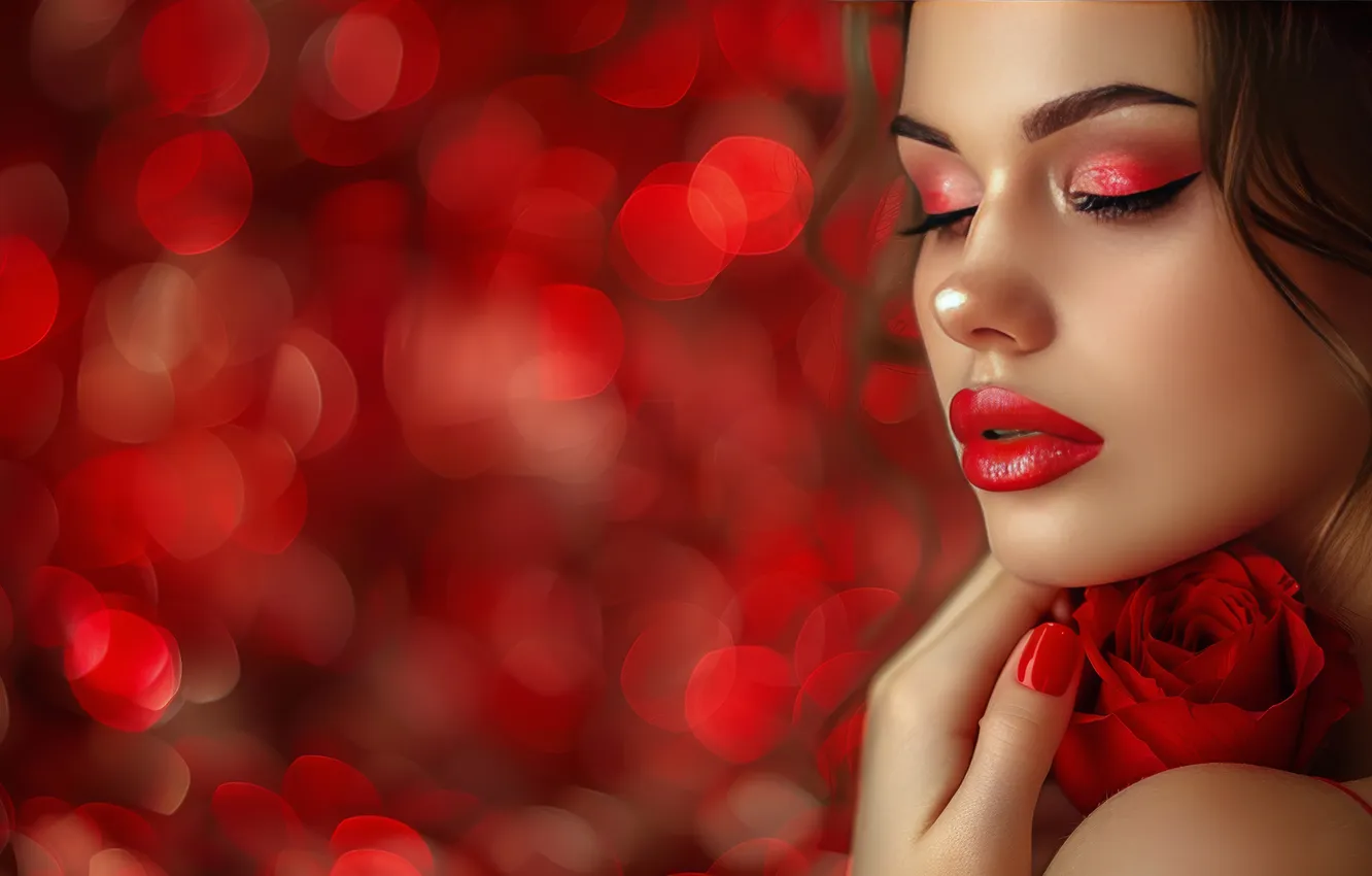 Photo wallpaper girl, flowers, red, face, pose, eyelashes, glare, style