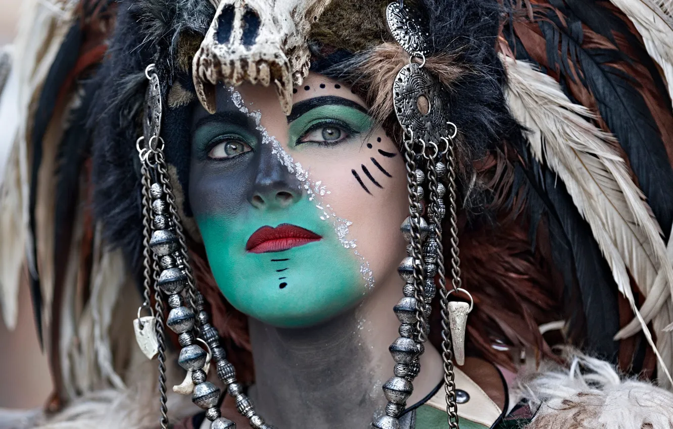 Photo wallpaper look, girl, decoration, style, skull, portrait, feathers, makeup