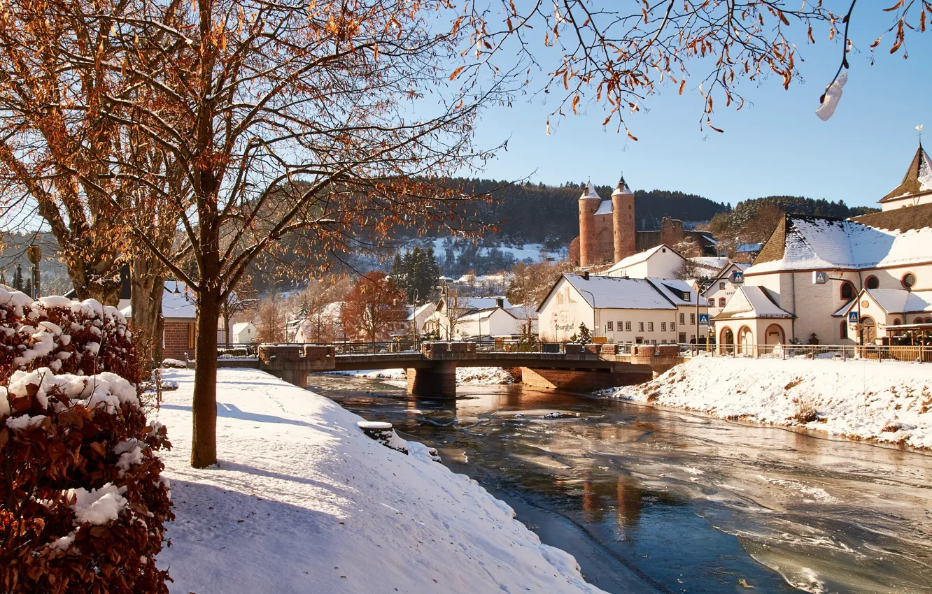 Photo wallpaper winter, snow, trees, landscape, nature, the city, river, home