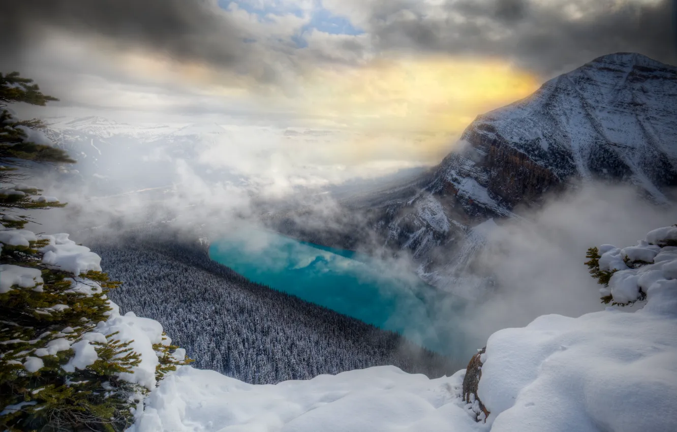 Photo wallpaper mountains, fog, river