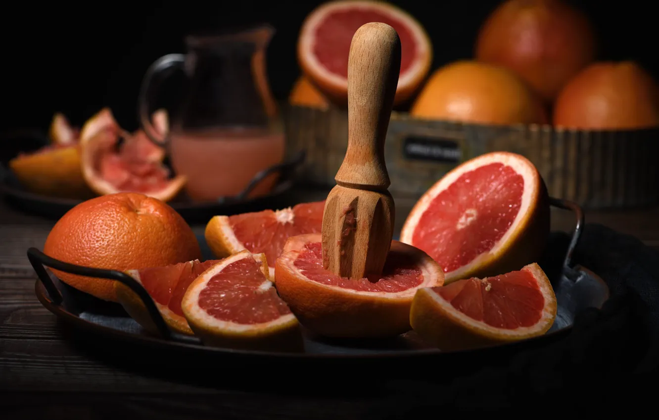 Photo wallpaper the dark background, wooden, pitcher, fruit, a lot, grapefruit, tray, bokeh