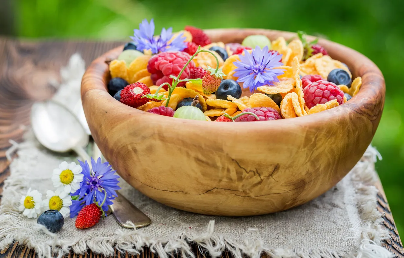 Photo wallpaper flowers, berries, raspberry, blueberries, strawberries, cereal