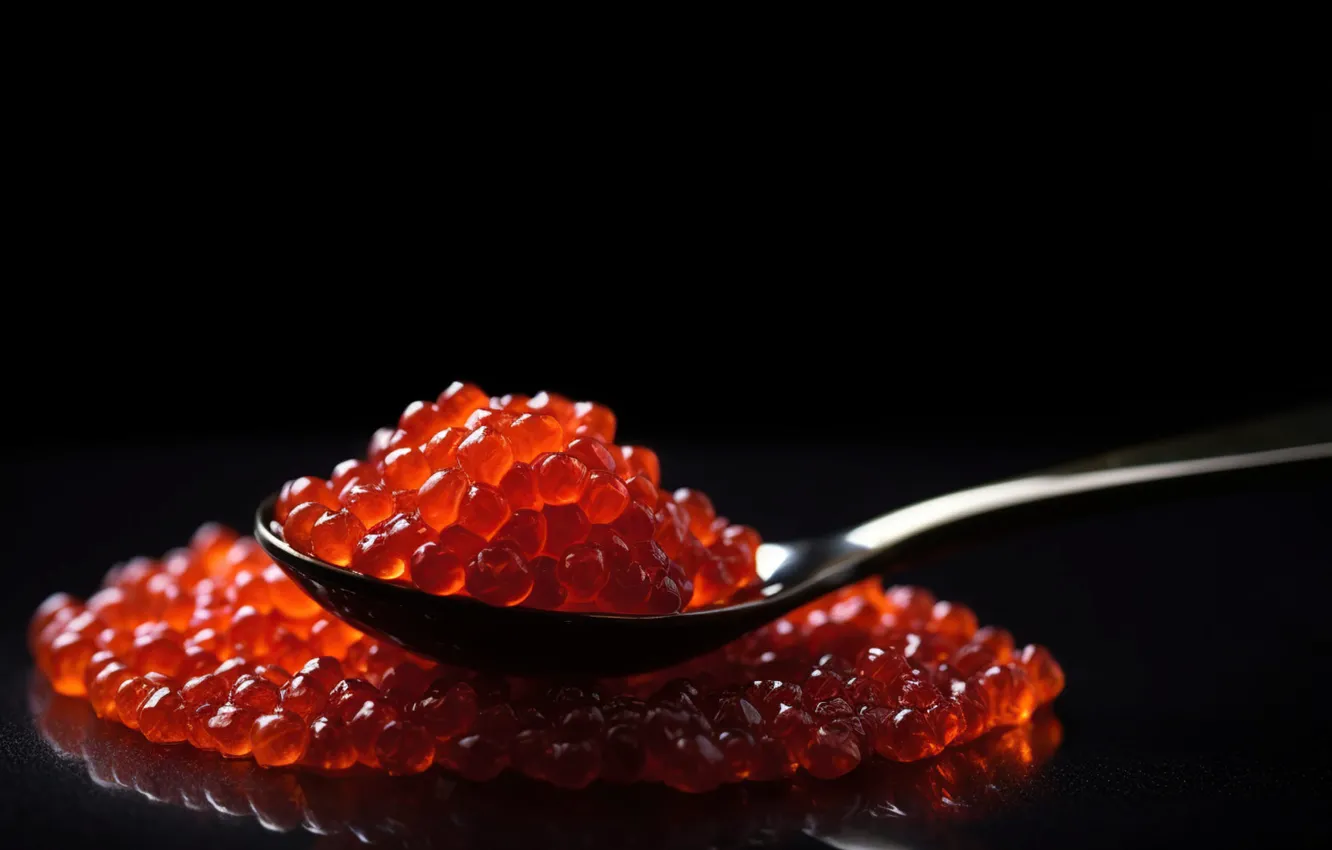 Photo wallpaper macro, spoon, black background, caviar, red caviar, digital art, AI art, The Art of Artificial …