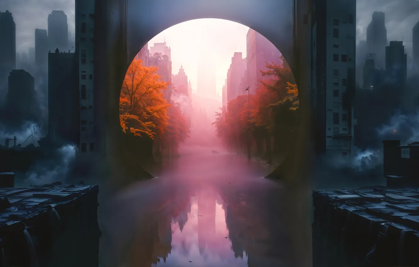 Photo wallpaper trees, the city, fog, reflection, dawn, dal, morning, fantasy