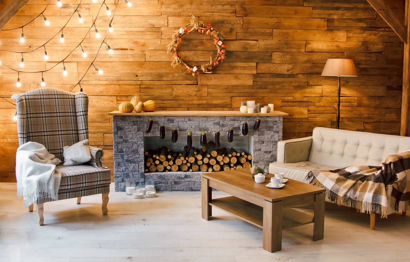 Photo wallpaper heat, chair, eggplant, logs, pumpkin, fireplace, plaid, garland