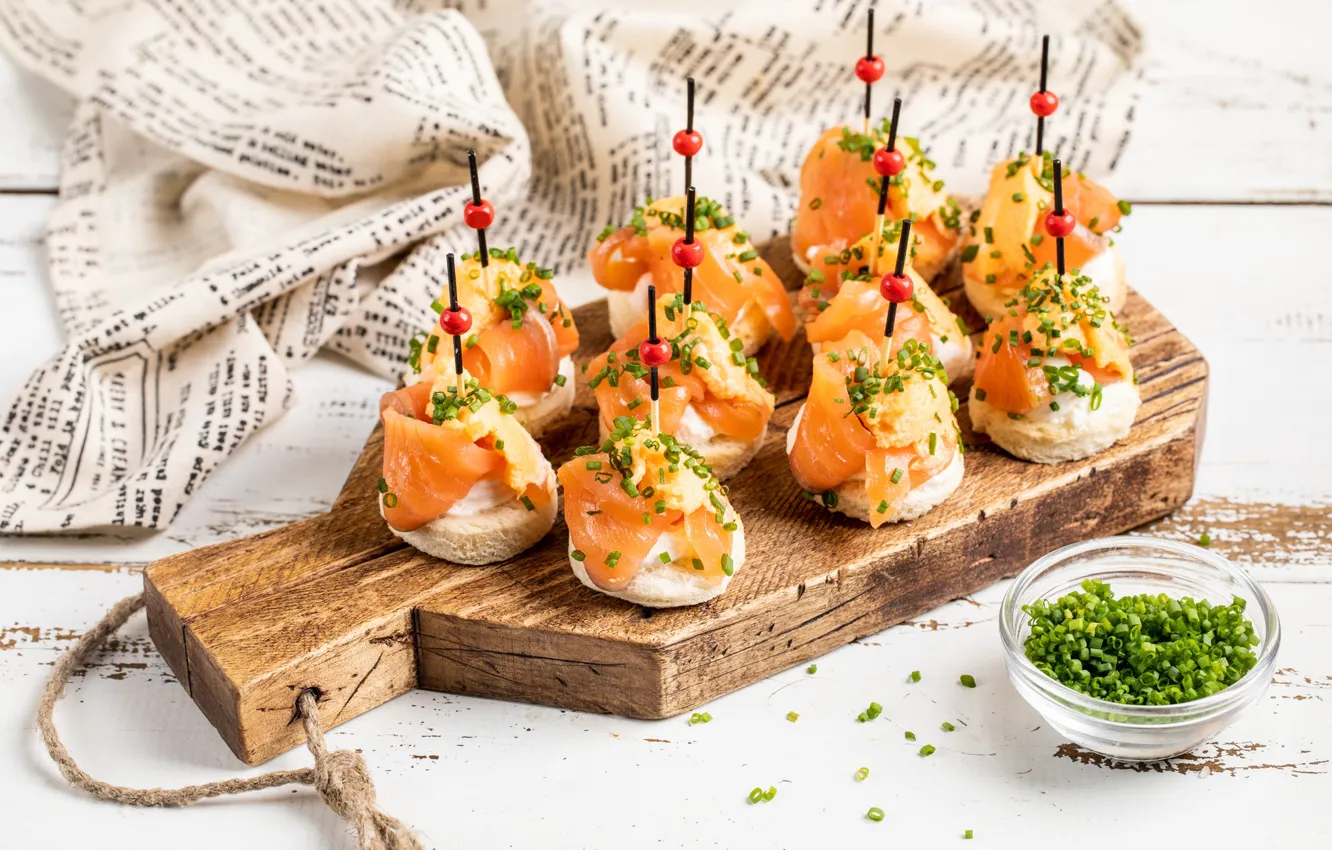 Photo wallpaper fish, bow, bread, skewers, salmon, canapés