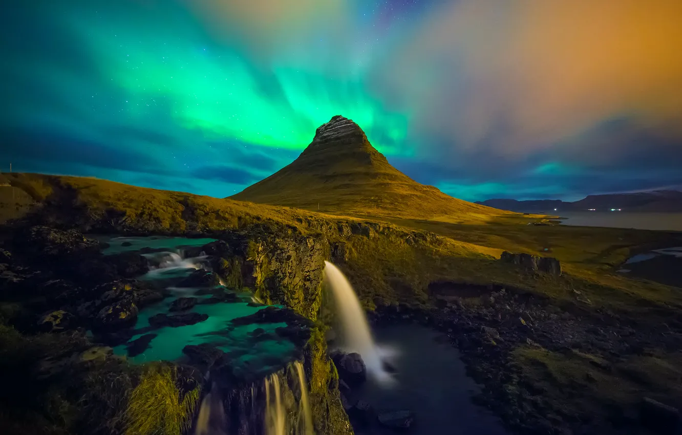 Photo wallpaper waterfall, Iceland, Kirkjufell, aurora borealis