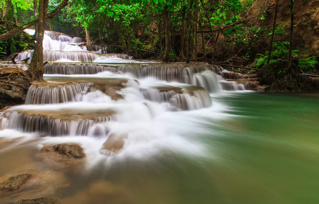 Photo wallpaper forest, landscape, river, rocks, waterfall, summer, forest, tropical