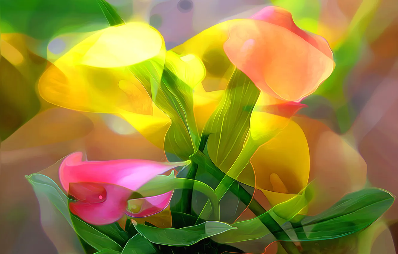 Photo wallpaper line, flowers, abstraction, paint, petals, stem