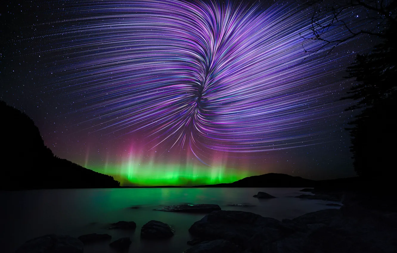 Photo wallpaper stars, Northern lights, Canada, Moosehead Lake, Mount Kineo