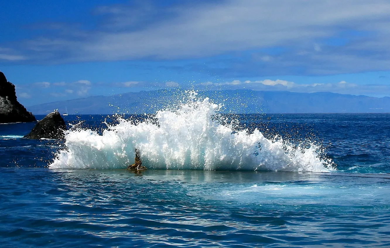 Photo wallpaper sea, foam, squirt, stones, rocks, surf