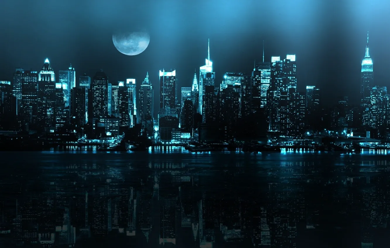Photo wallpaper night, reflection, river, the moon, new York