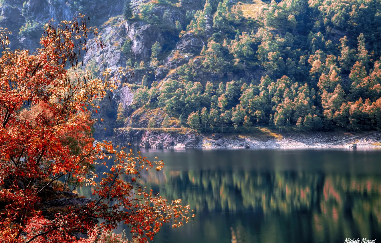 Photo wallpaper autumn, trees, river, rocks, Italy, Piedmont