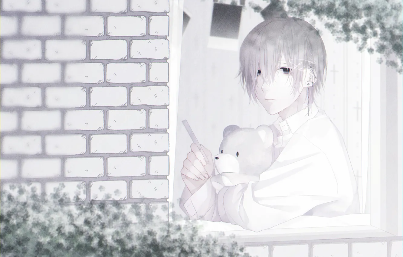 Photo wallpaper window, guy, Teddy bear