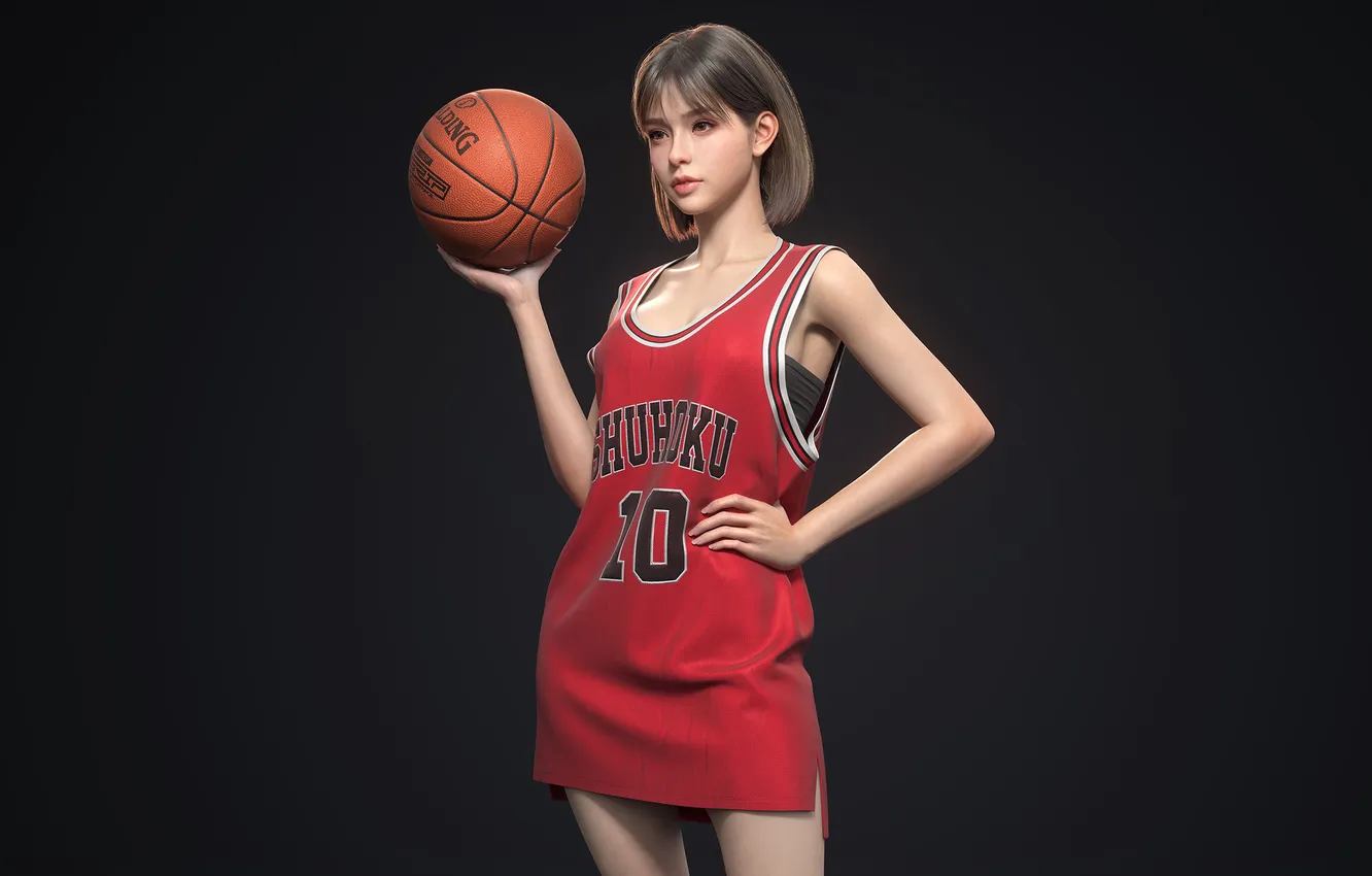 Photo wallpaper Asian, basketball, short hair, women, brunette, Slam Dunk, simple background, sportswear