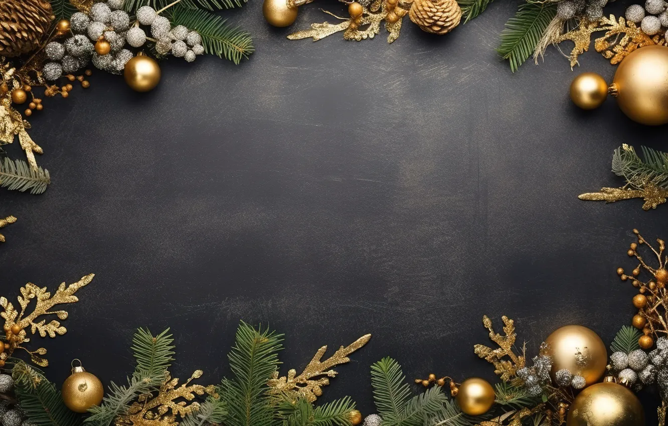 Photo wallpaper decoration, the dark background, balls, frame, New Year, Christmas, golden, new year