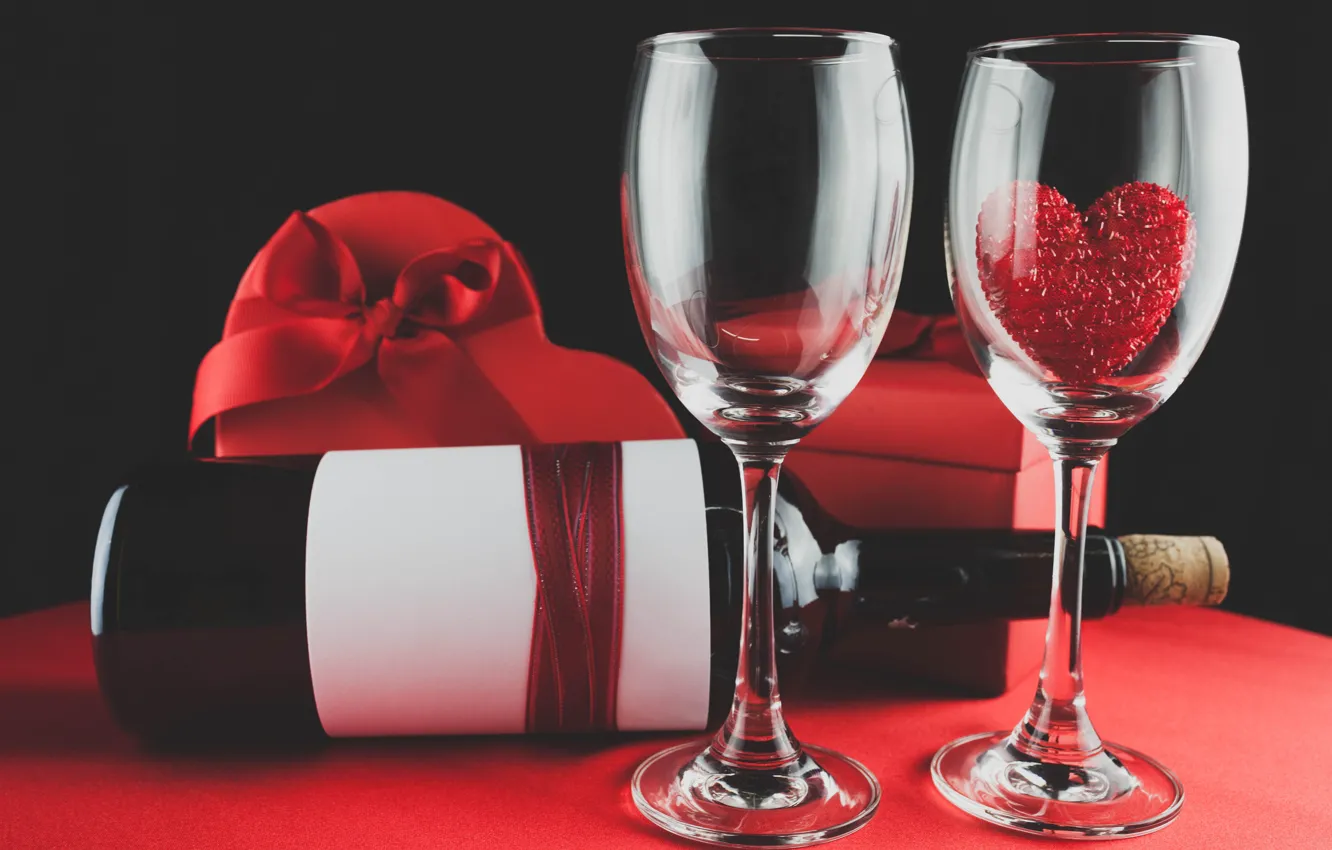 Photo wallpaper wine, glasses, red, love, romantic, hearts, valentine's day, gift