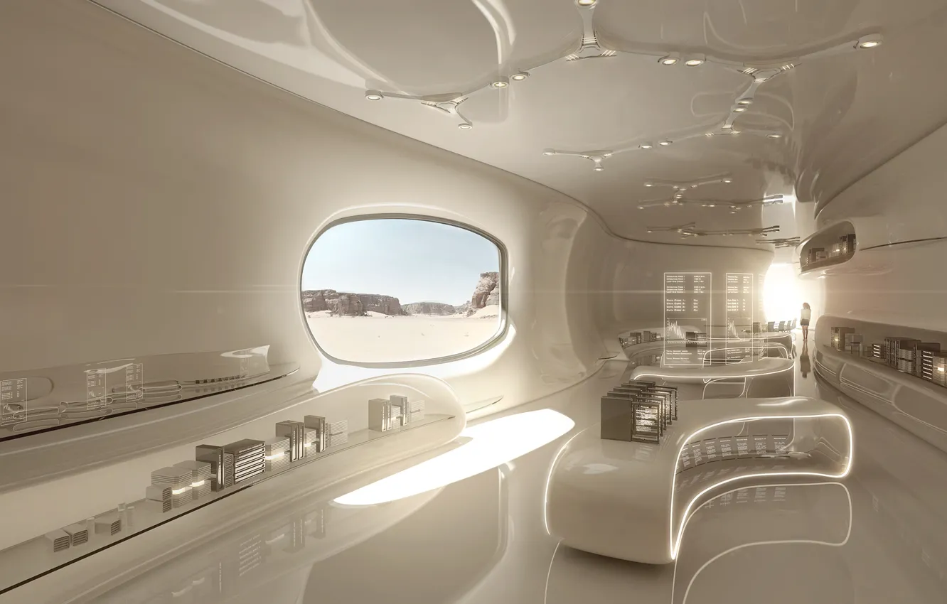 Photo wallpaper white, girl, landscape, future, room, interface, window, art