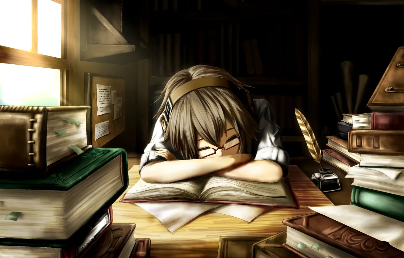 Photo wallpaper girl, books, anime, headphones, art, glasses, sleeping, namacotan