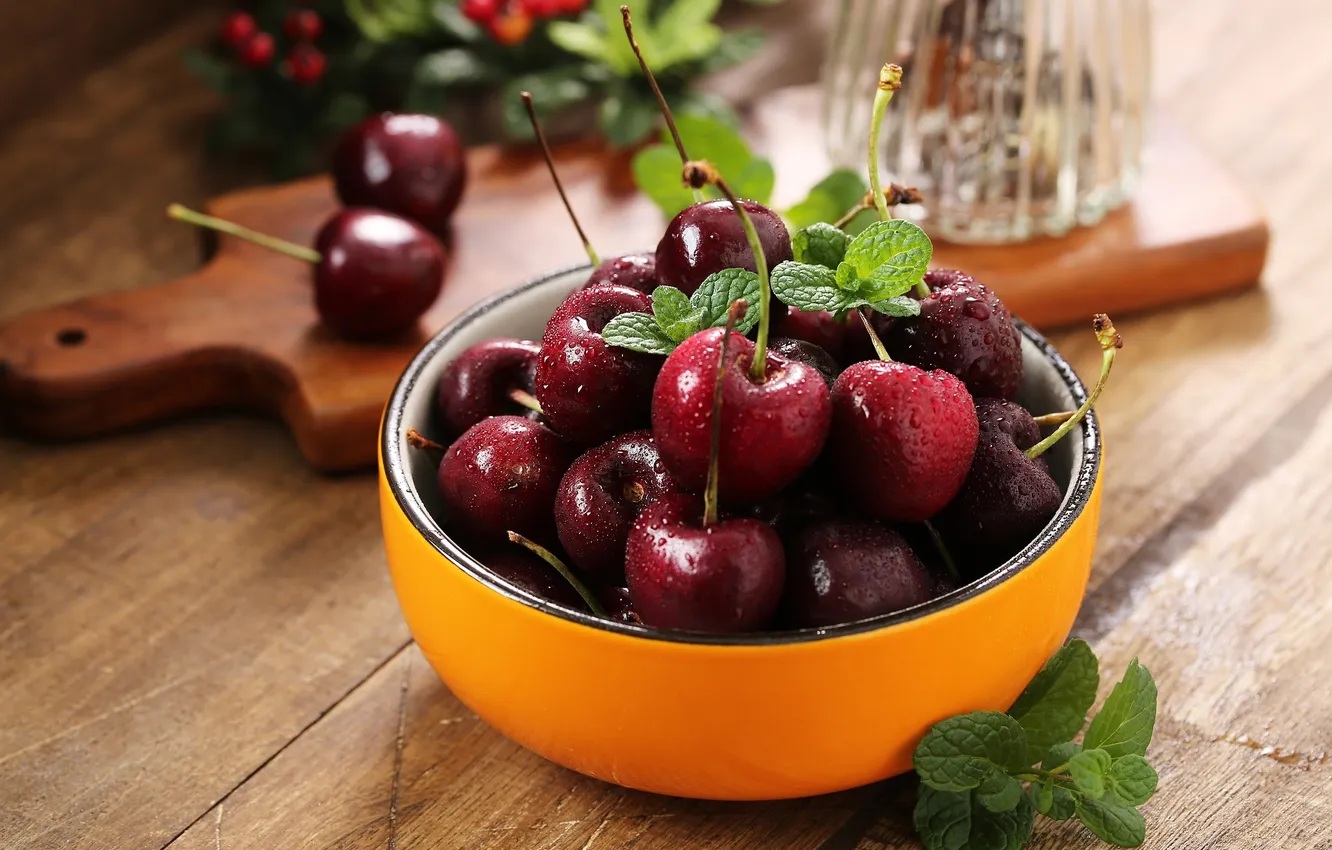 Photo wallpaper cherry, berries, bowl