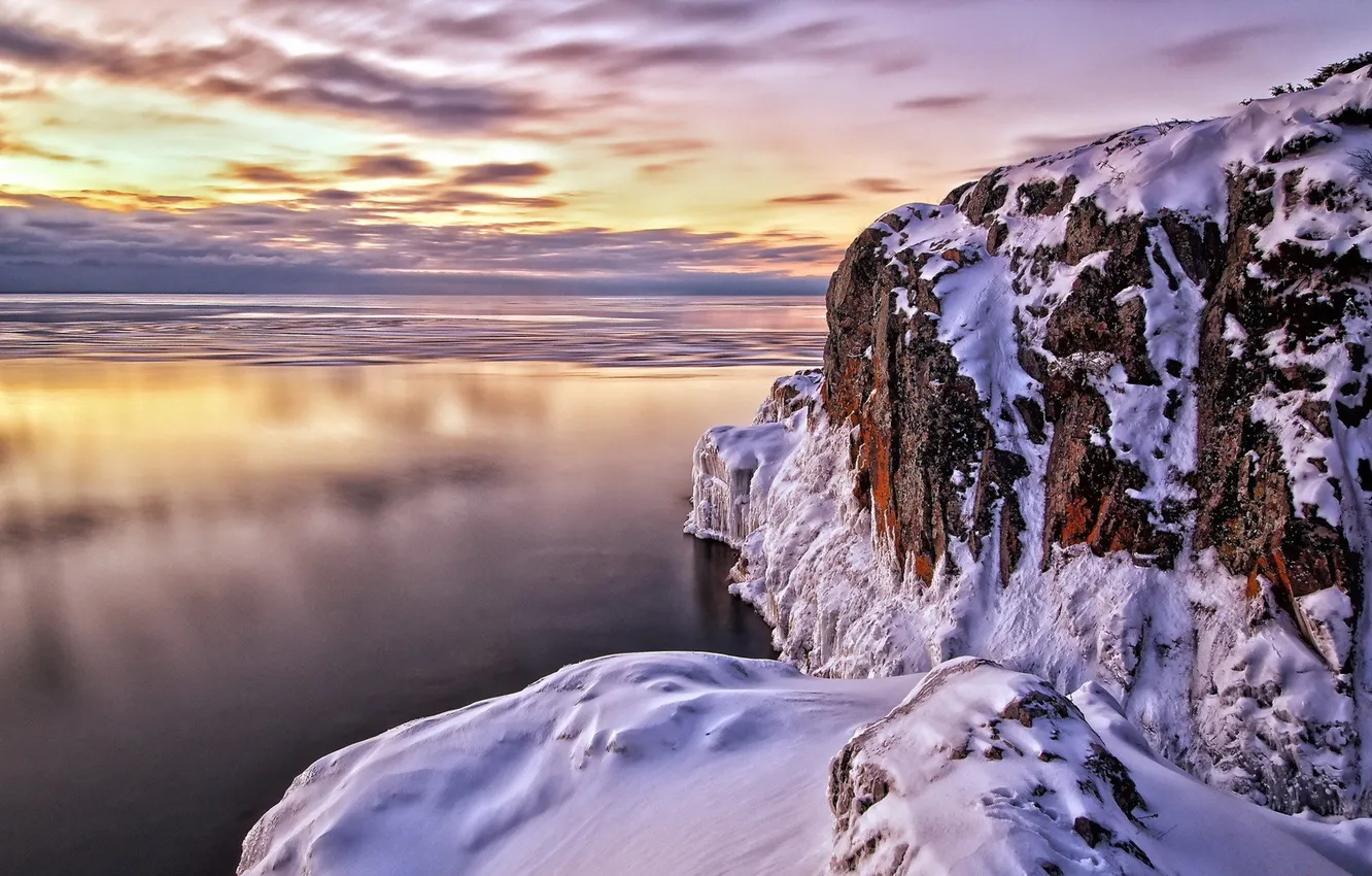 Photo wallpaper winter, sea, snow, sunset, rocks