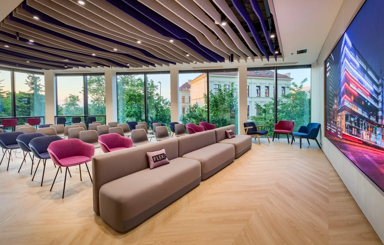 Photo wallpaper design, style, interior, Prague, cinema, Brumlovka, conference hall, a room for video presentations