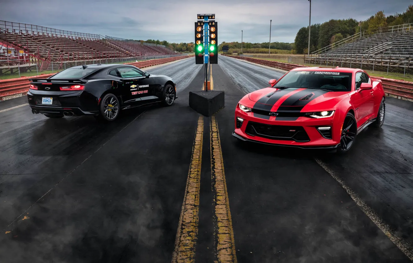 Photo wallpaper Red, Black, Chevrolet, Machine, Camaro, Drives, ZL1, Drag Racing