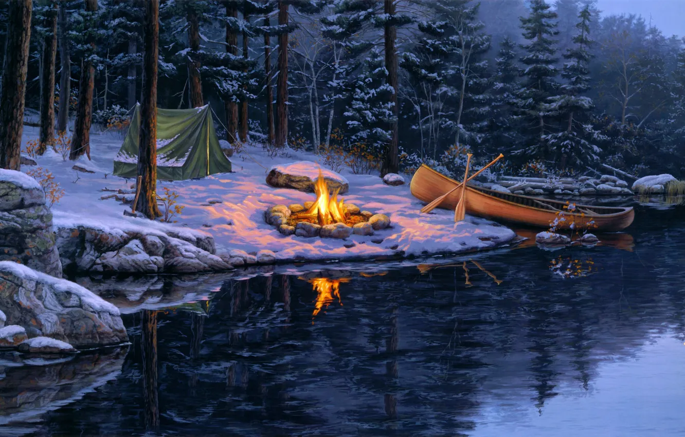 Photo wallpaper winter, forest, snow, lake, the moon, boat, spruce, the fire