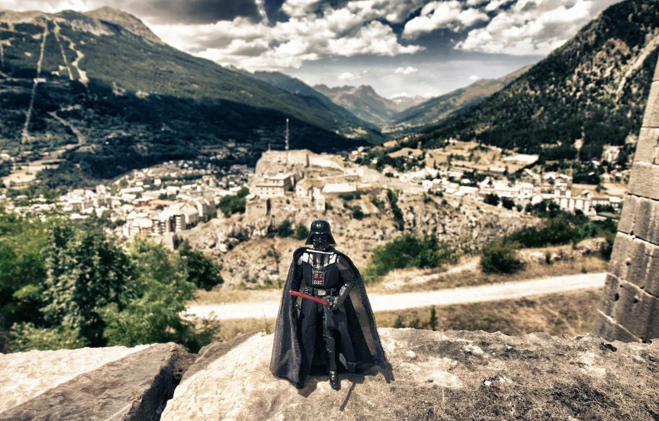 Photo wallpaper mountains, the city, Darth Vader, Darth Vader, lightsaber
