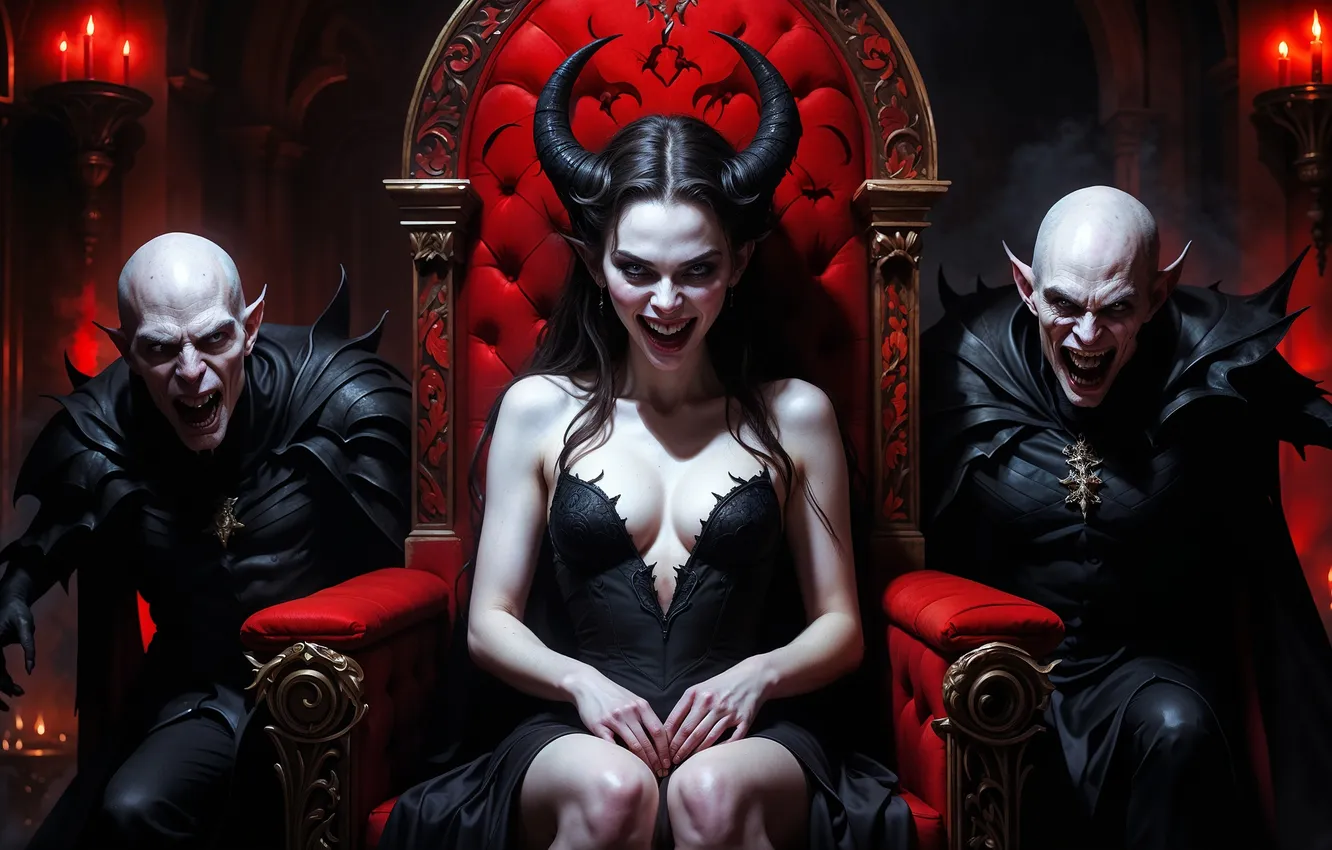 Photo wallpaper girl, chair, horns, vampire