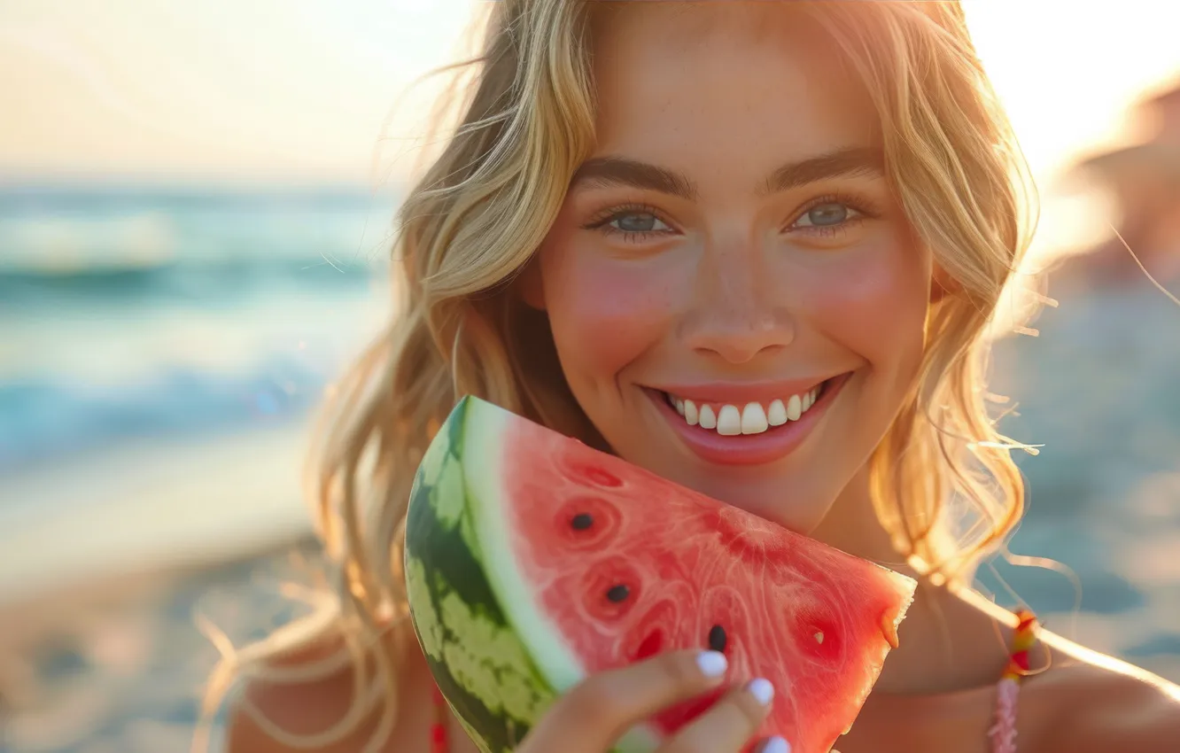 Photo wallpaper sea, beach, summer, girl, light, joy, smile, stay