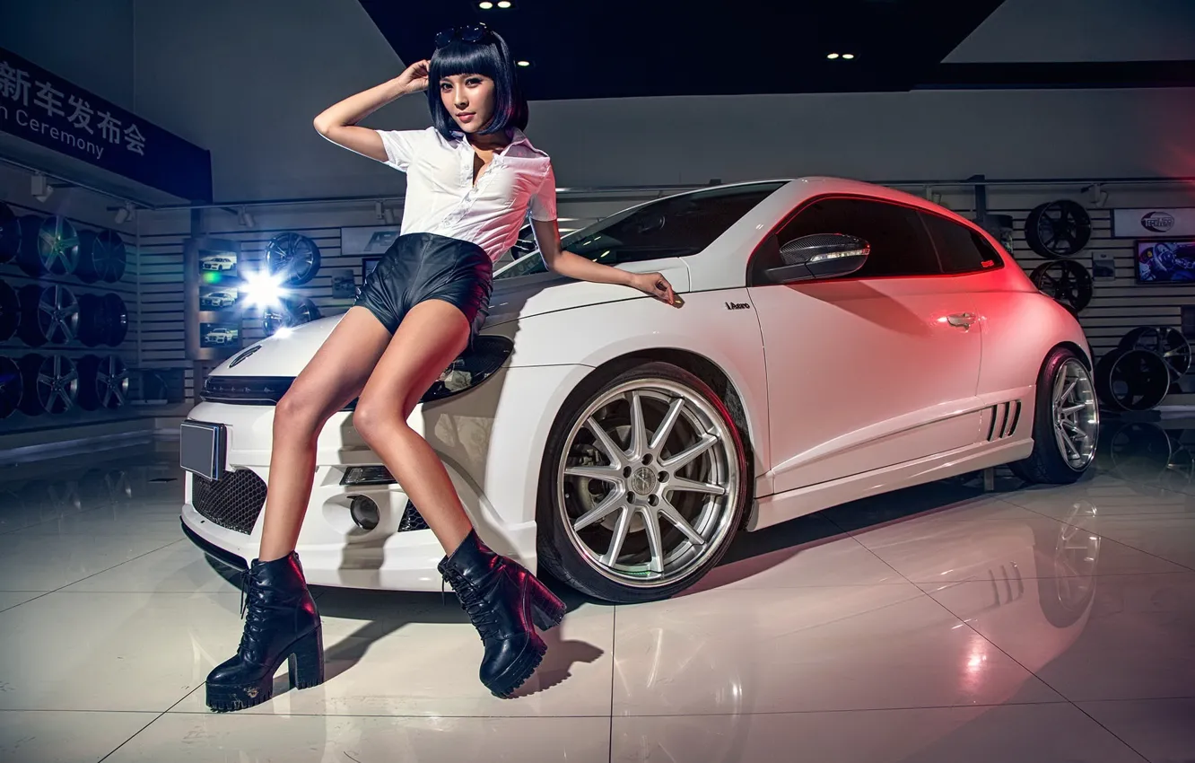 Photo wallpaper look, Girls, Volkswagen, posing, white car, beautiful Asian girl