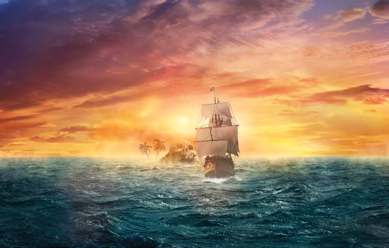 Photo wallpaper sea, the sky, sunset, fiction, the ocean, ship, island, sailboat