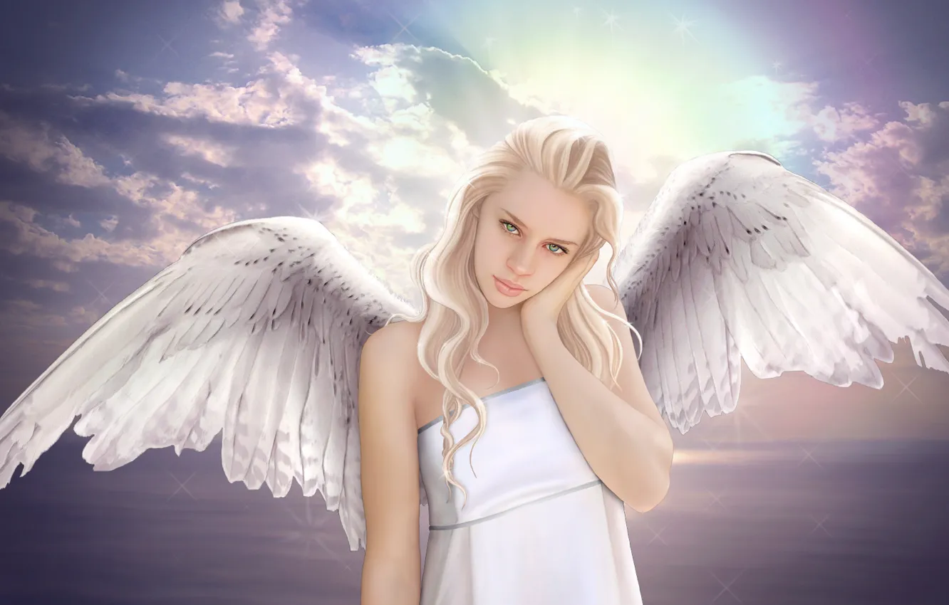 Photo wallpaper sea, the sky, look, girl, clouds, fiction, wings, angel
