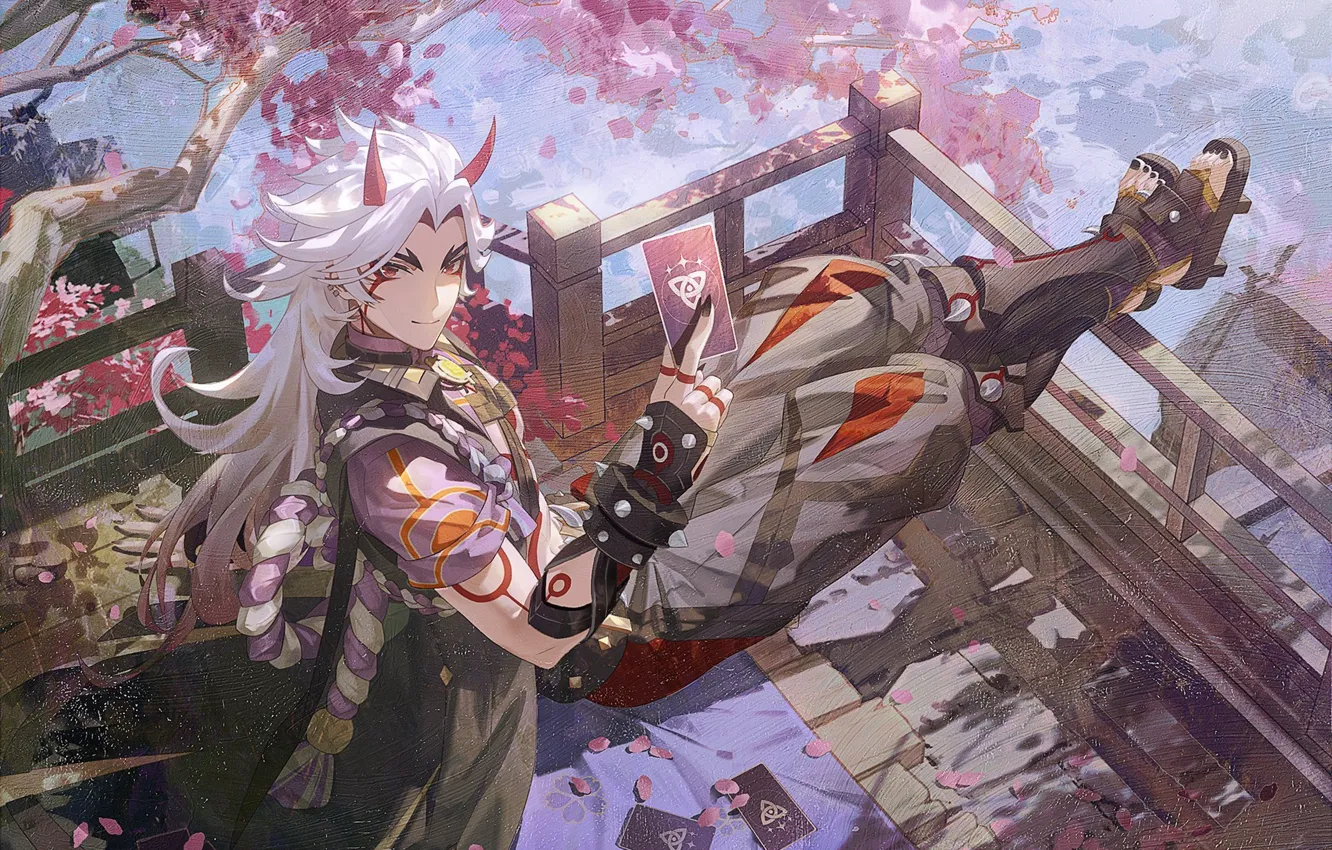 Photo wallpaper card, trees, Japan, Sakura, CCI, Genshin Impact, Arataki Itto, Inazuma