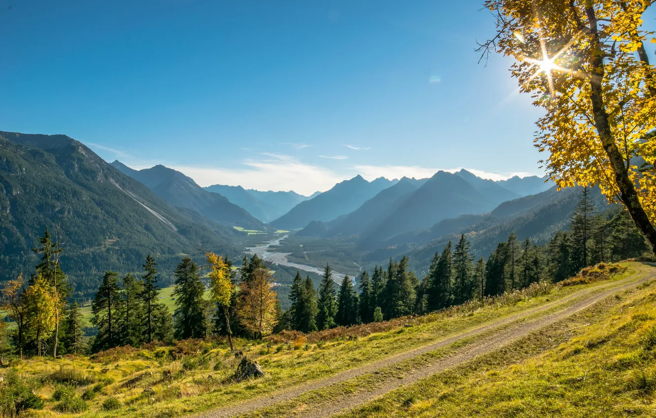 Photo wallpaper road, field, autumn, forest, mountains, blue, tops, dal