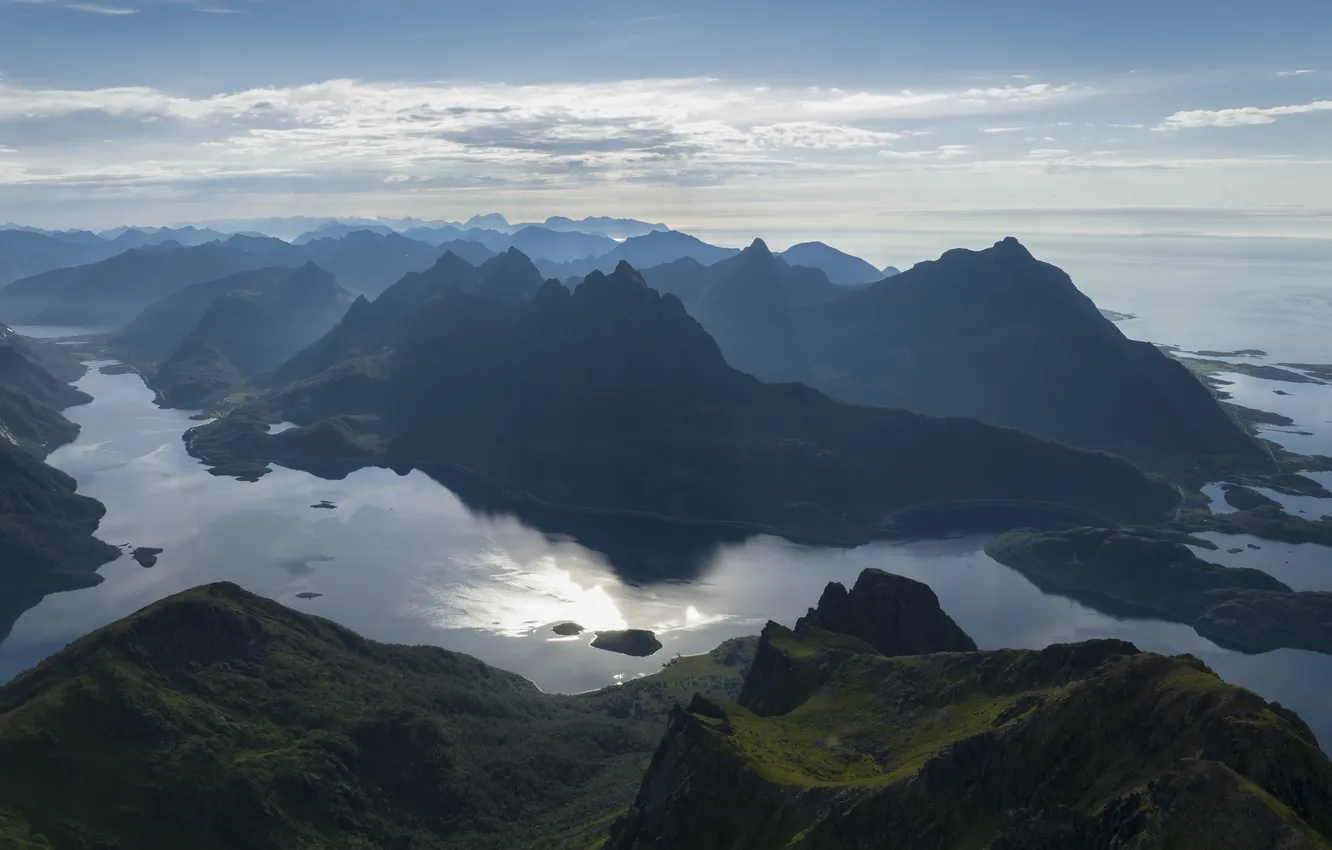 Photo wallpaper the sky, water, mountains, river, view from the height