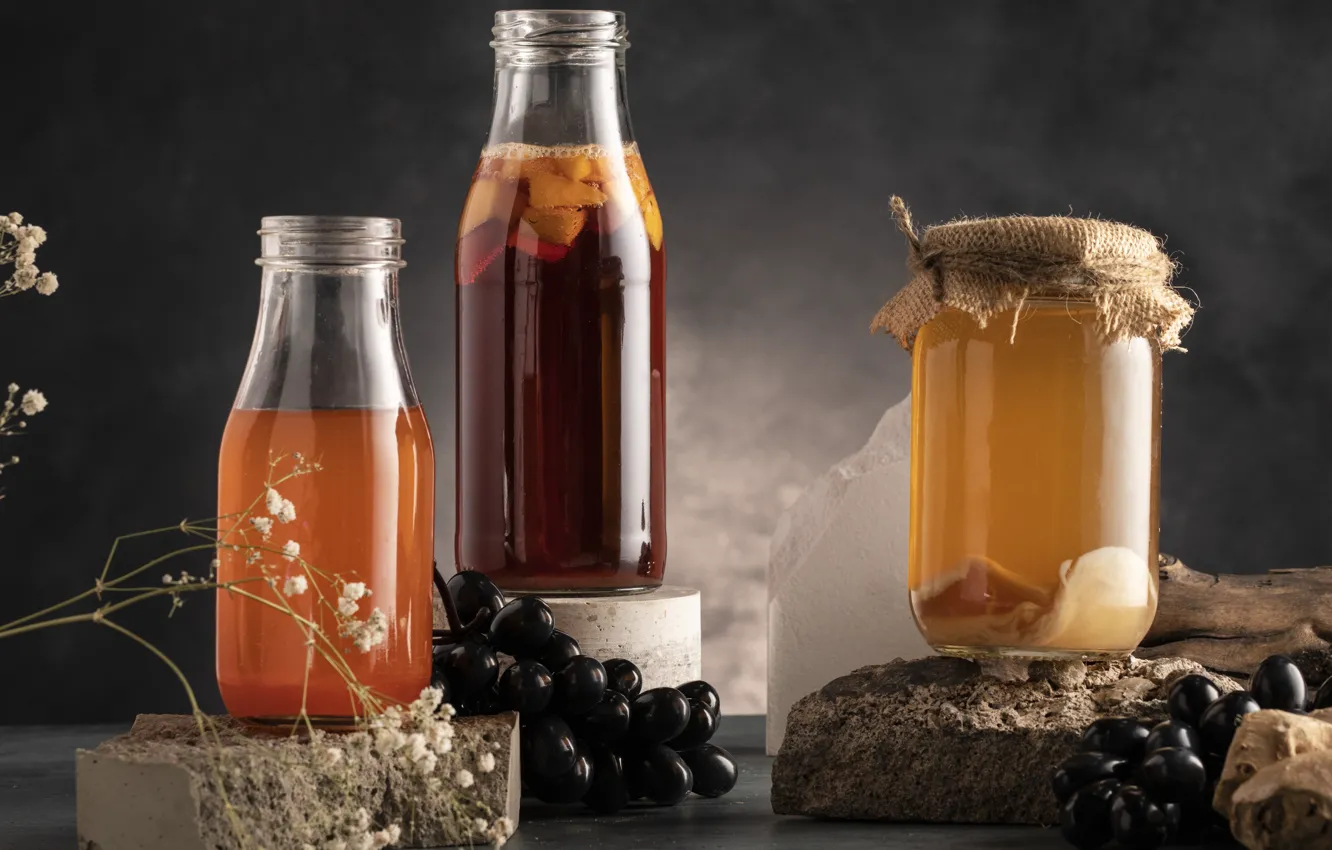 Photo wallpaper mushrooms, bottle, Bank, drink, compote