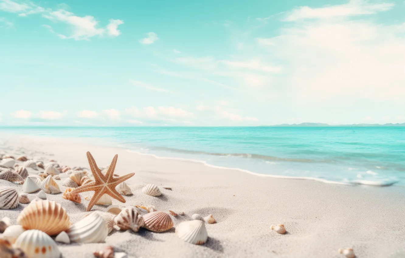 Photo wallpaper sea, beach, shore, shell, starfish, seashells, seashell, AI art