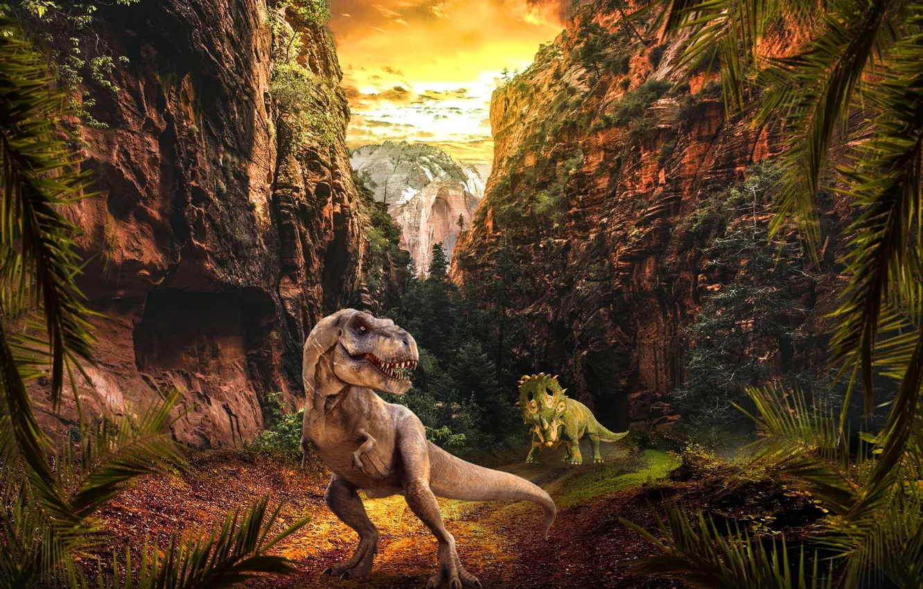 Photo wallpaper Sunset, Clouds, Mountains, Predator, Two, Animals, Raptor, Dinosaur