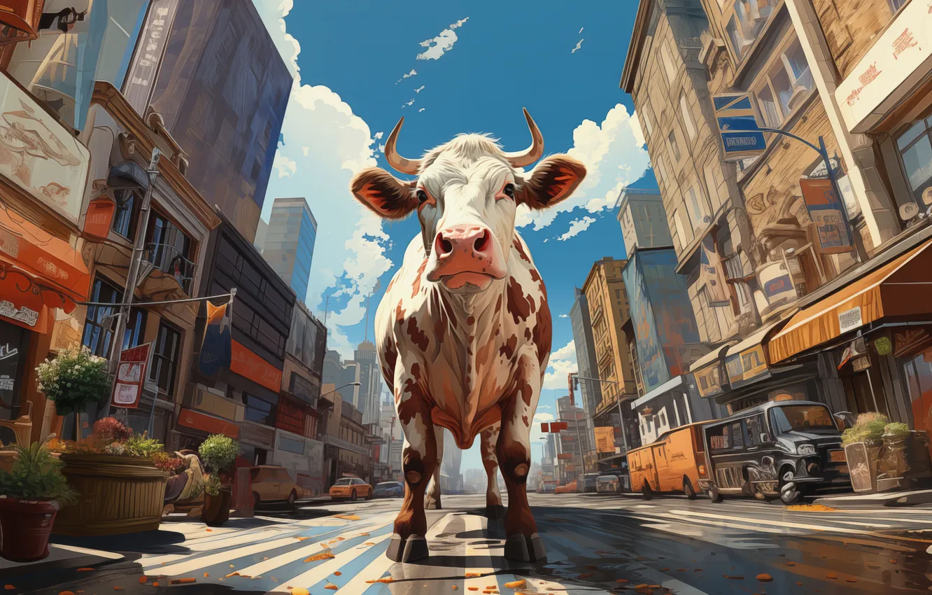 Photo wallpaper road, the city, street, home, cows, lights, digital art, AI art