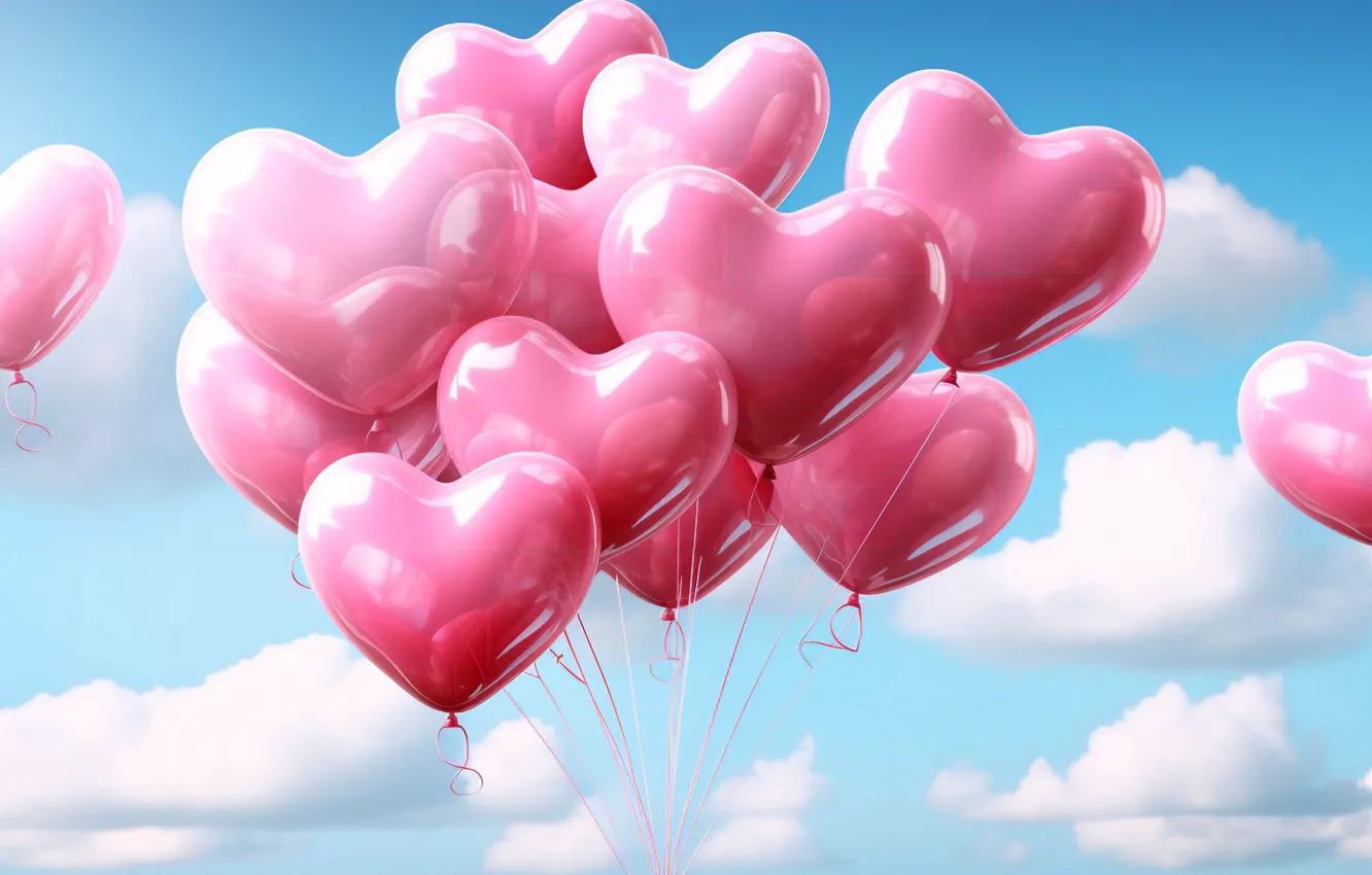 Photo wallpaper the sky, love, balloons, blue, holiday, heart, Shine, hearts
