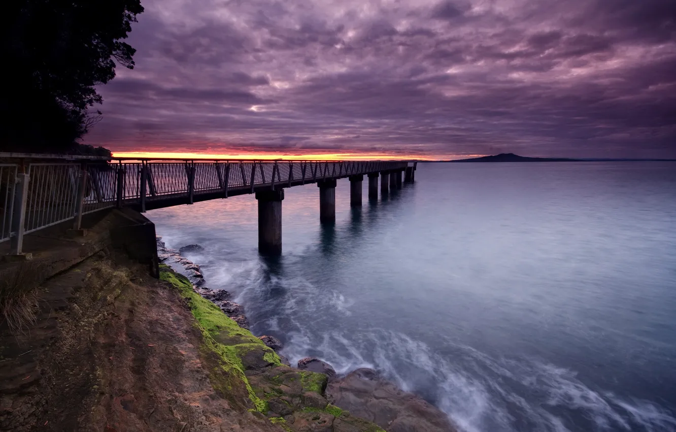 Photo wallpaper water, clouds, sunset, pier