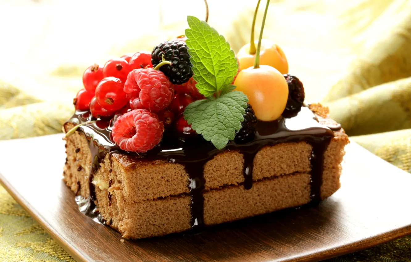 Photo wallpaper berries, raspberry, chocolate, cake, cake, mint, dessert, currants