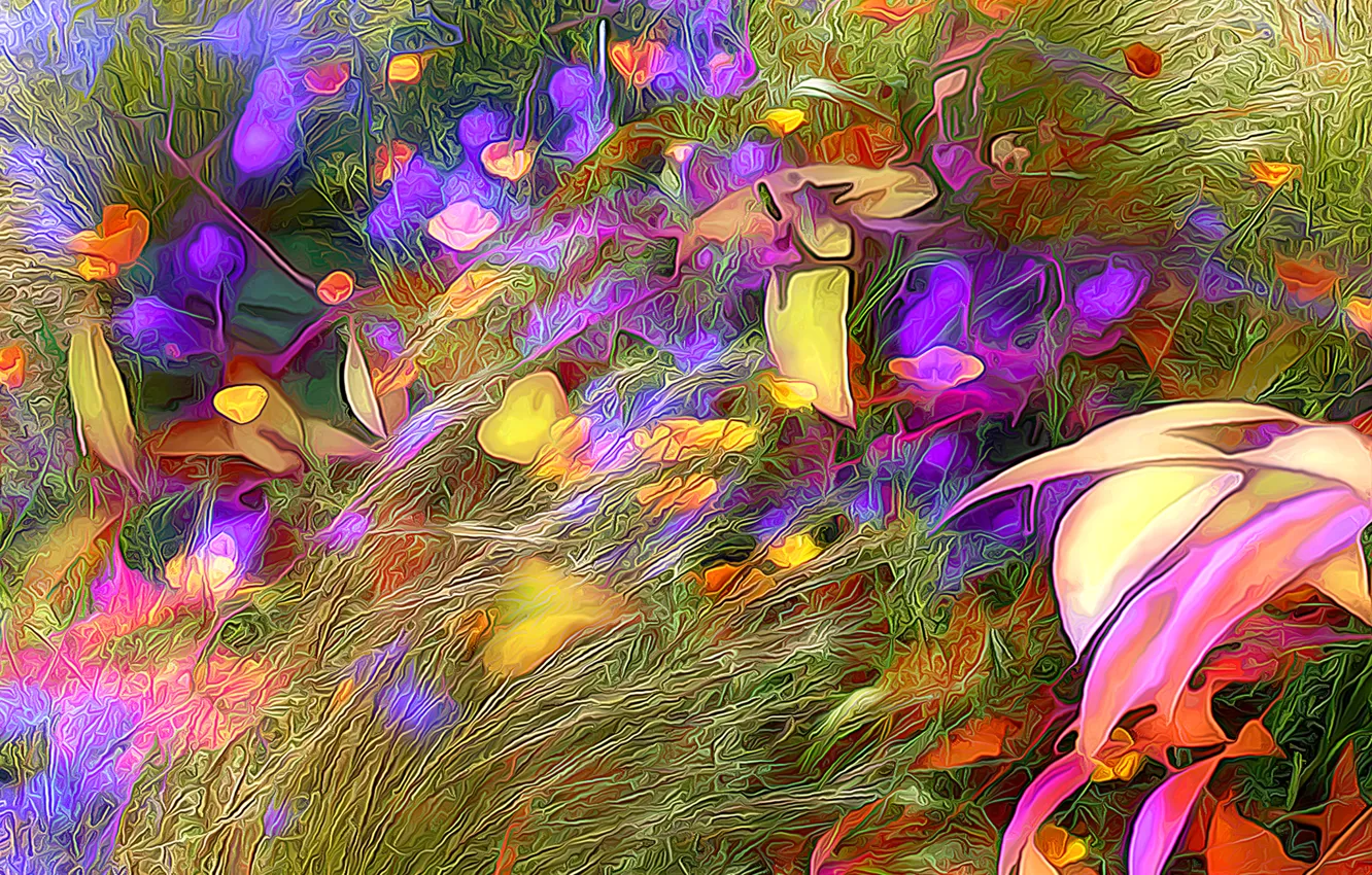 Photo wallpaper field, grass, flowers, abstraction, rendering, meadow