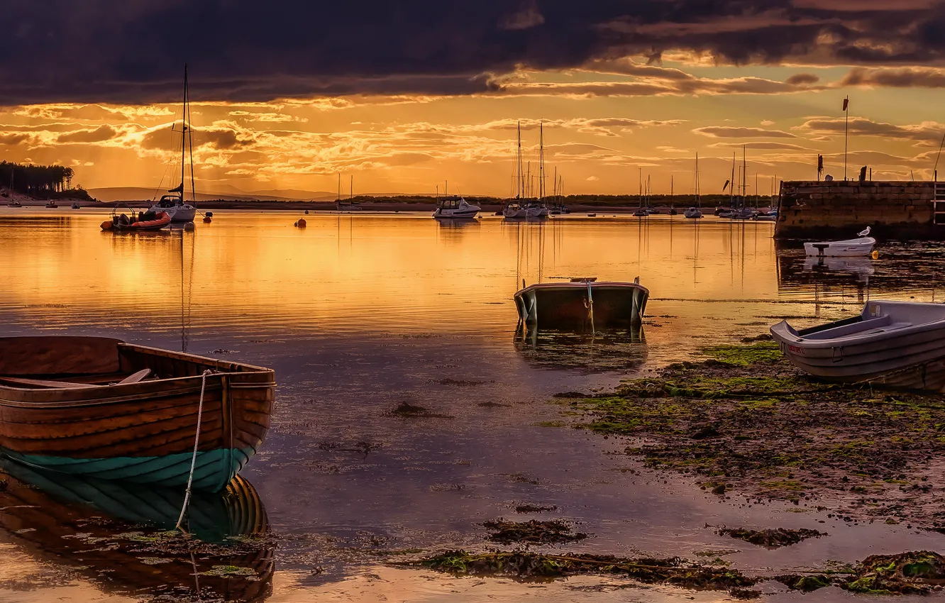 Photo wallpaper sea, the sky, clouds, landscape, sunset, nature, boats