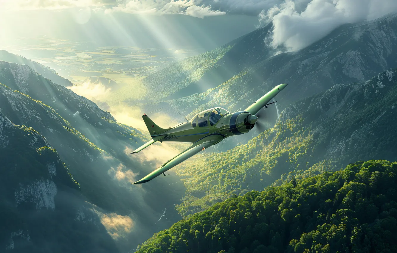 Photo wallpaper flight, mountains, the plane, digital art, AI art, The Art of Artificial Intelligence, neural network